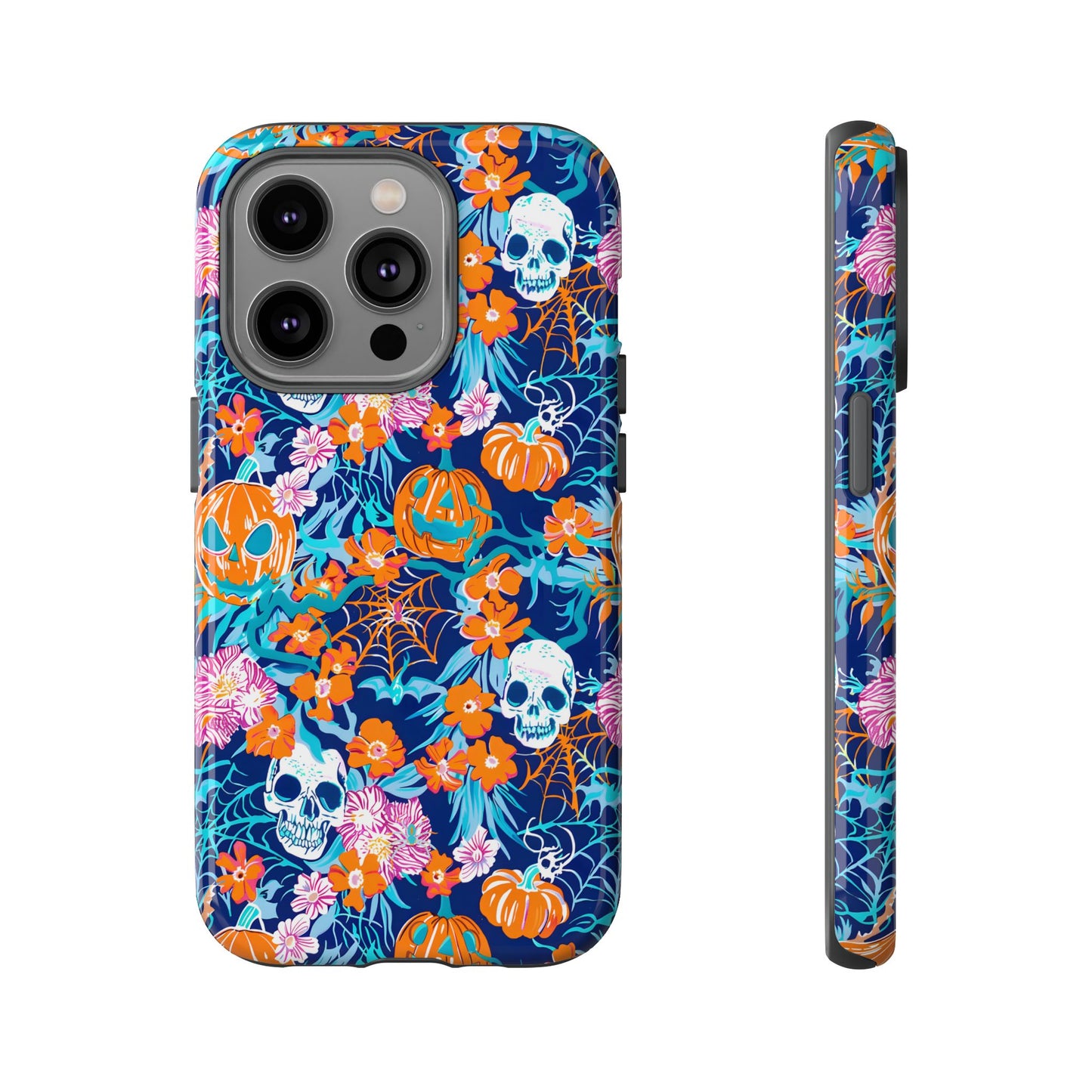 Floral Skulls and Pumpkins Halloween Phone Case – Tough Phone Case – Cute Spooky Design - iPhone 16 - Samsung Galaxy - Google Pixel