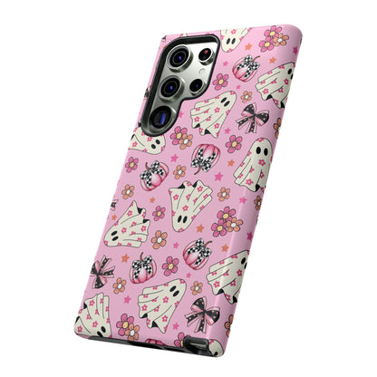 Pink Ghosts and Flowers Halloween Phone Case – Tough Phone Case – Cute Spooky Design - iPhone 16 - Samsung Galaxy - Google Pixel