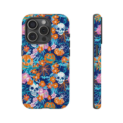 Floral Skulls and Pumpkins Halloween Phone Case – Tough Phone Case – Cute Spooky Design - iPhone 16 - Samsung Galaxy - Google Pixel