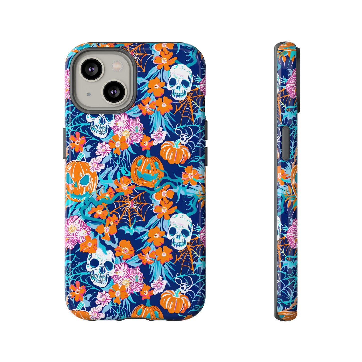 Floral Skulls and Pumpkins Halloween Phone Case – Tough Phone Case – Cute Spooky Design - iPhone 16 - Samsung Galaxy - Google Pixel