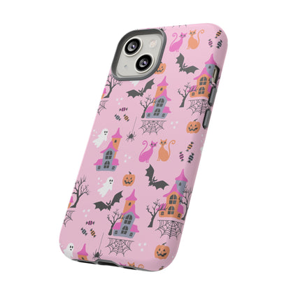 Pink Haunted House and Cats Halloween Phone Case – Tough Phone Case – Cute Spooky Design - iPhone 16 - Samsung Galaxy - Google Pixel