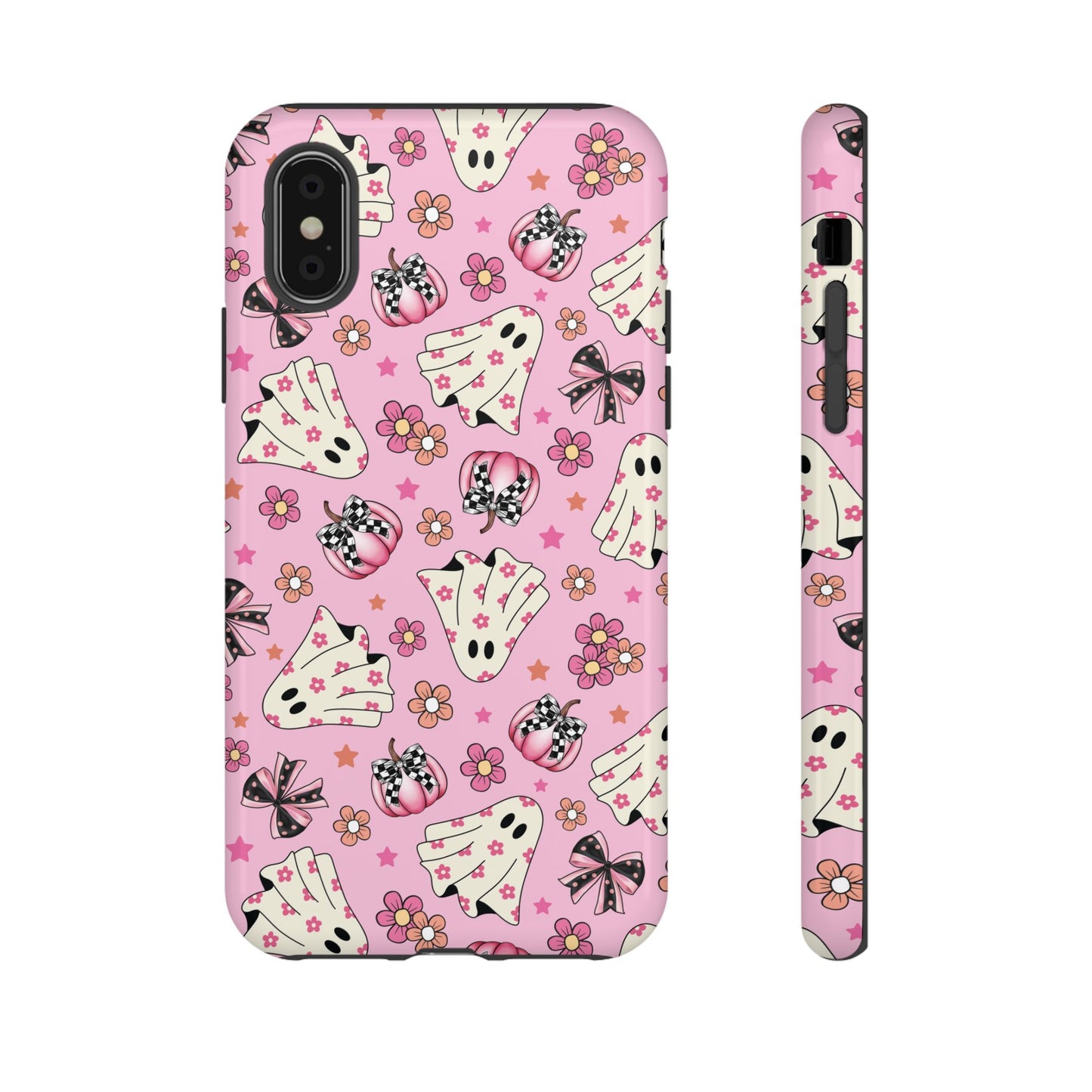 Pink Ghosts and Flowers Halloween Phone Case – Tough Phone Case – Cute Spooky Design - iPhone 16 - Samsung Galaxy - Google Pixel