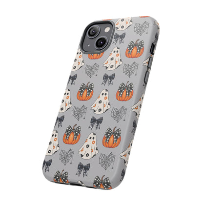 Halloween Ghosts and Pumpkins Gray Phone Case – Tough Phone Case – Cute Spooky Design - iPhone 16 - Samsung Galaxy - Google Pixel