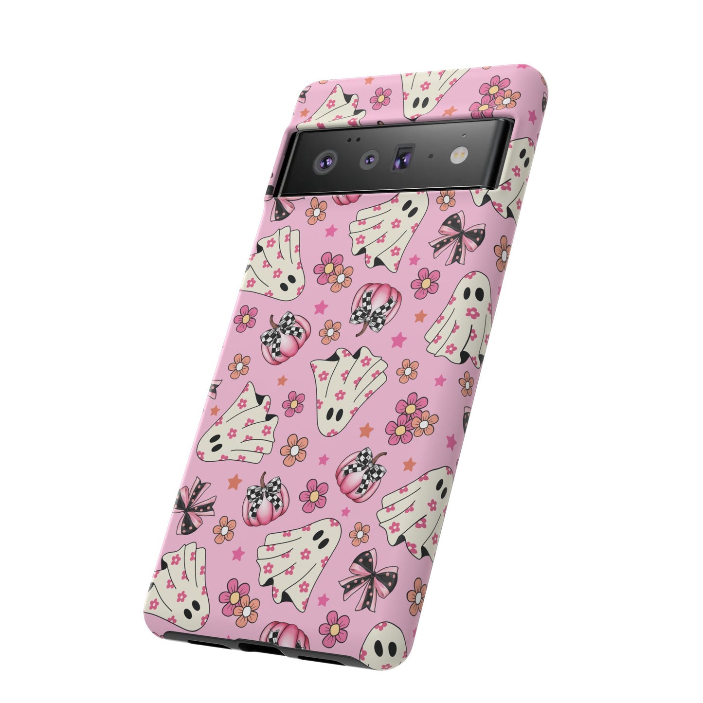 Pink Ghosts and Flowers Halloween Phone Case – Tough Phone Case – Cute Spooky Design - iPhone 16 - Samsung Galaxy - Google Pixel