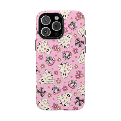 Pink Ghosts and Flowers Halloween Phone Case – Tough Phone Case – Cute Spooky Design - iPhone 16 - Samsung Galaxy - Google Pixel