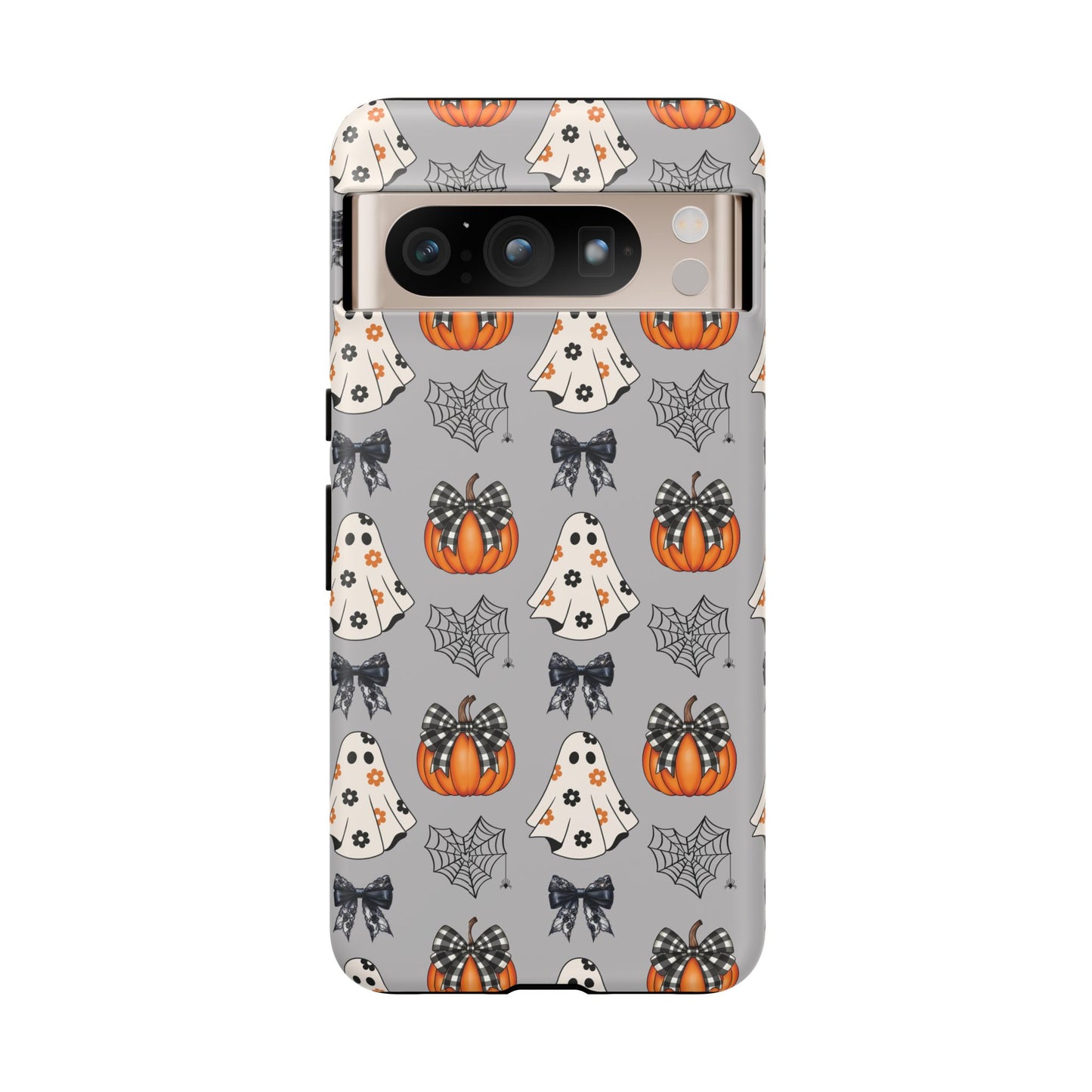 Halloween Ghosts and Pumpkins Gray Phone Case – Tough Phone Case – Cute Spooky Design - iPhone 16 - Samsung Galaxy - Google Pixel