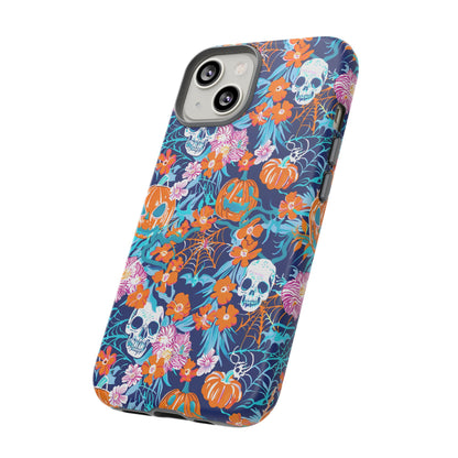 Floral Skulls and Pumpkins Halloween Phone Case – Tough Phone Case – Cute Spooky Design - iPhone 16 - Samsung Galaxy - Google Pixel