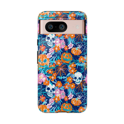 Floral Skulls and Pumpkins Halloween Phone Case – Tough Phone Case – Cute Spooky Design - iPhone 16 - Samsung Galaxy - Google Pixel