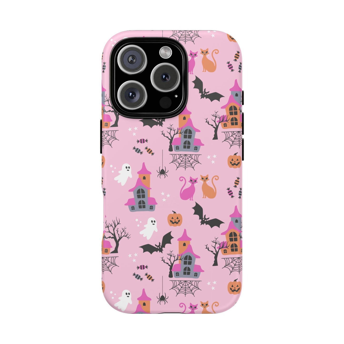 Pink Haunted House and Cats Halloween Phone Case – Tough Phone Case – Cute Spooky Design - iPhone 16 - Samsung Galaxy - Google Pixel