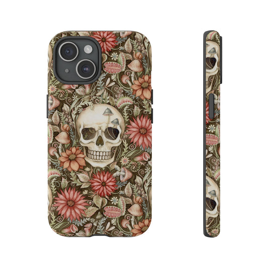 Floral Skull and Mushrooms Phone Case – Tough Phone Case – Cute Spooky Design - iPhone 16 - Samsung Galaxy - Google Pixel