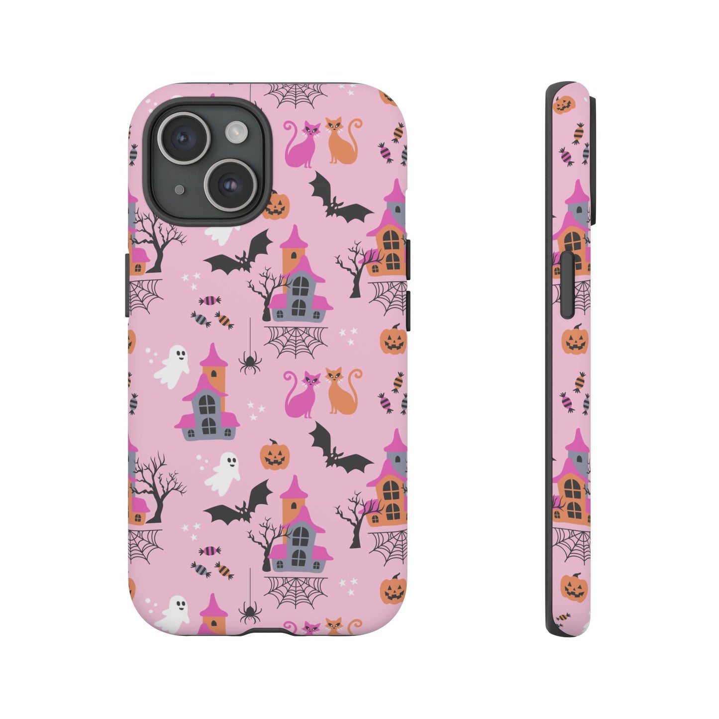 Pink Haunted House and Cats Halloween Phone Case – Tough Phone Case – Cute Spooky Design - iPhone 16 - Samsung Galaxy - Google Pixel