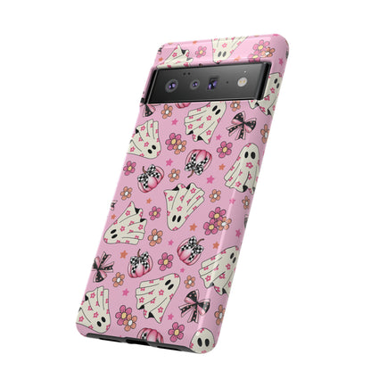 Pink Ghosts and Flowers Halloween Phone Case – Tough Phone Case – Cute Spooky Design - iPhone 16 - Samsung Galaxy - Google Pixel