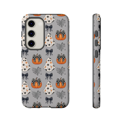 Halloween Ghosts and Pumpkins Gray Phone Case – Tough Phone Case – Cute Spooky Design - iPhone 16 - Samsung Galaxy - Google Pixel