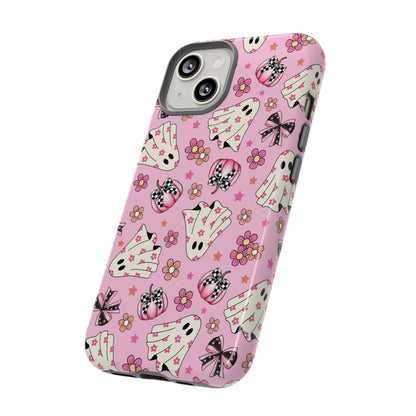 Pink Ghosts and Flowers Halloween Phone Case – Tough Phone Case – Cute Spooky Design - iPhone 16 - Samsung Galaxy - Google Pixel