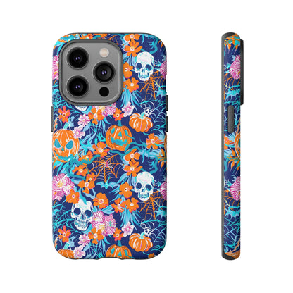 Floral Skulls and Pumpkins Halloween Phone Case – Tough Phone Case – Cute Spooky Design - iPhone 16 - Samsung Galaxy - Google Pixel