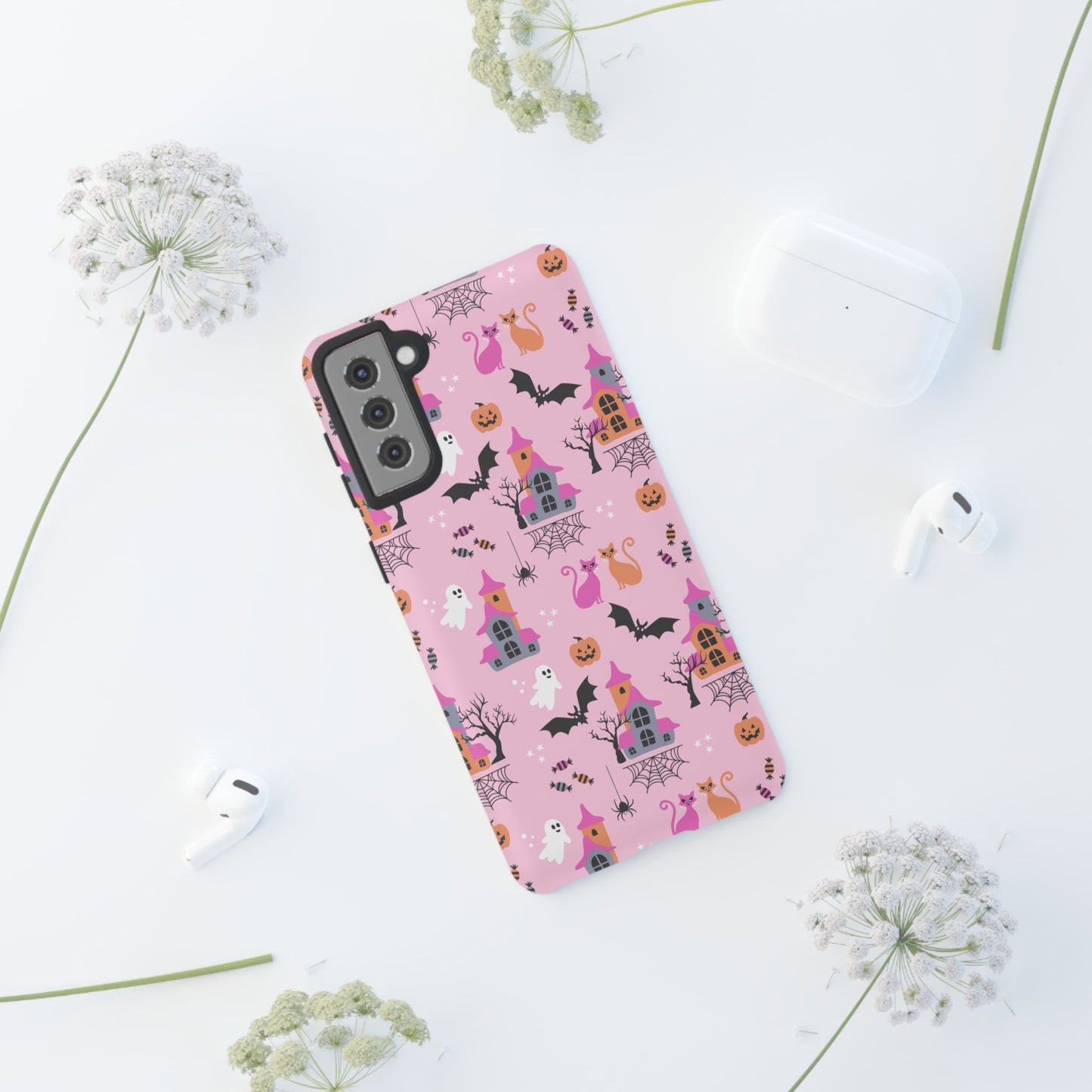 Pink Haunted House and Cats Halloween Phone Case – Tough Phone Case – Cute Spooky Design - iPhone 16 - Samsung Galaxy - Google Pixel