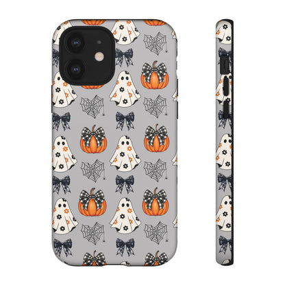 Halloween Ghosts and Pumpkins Gray Phone Case – Tough Phone Case – Cute Spooky Design - iPhone 16 - Samsung Galaxy - Google Pixel