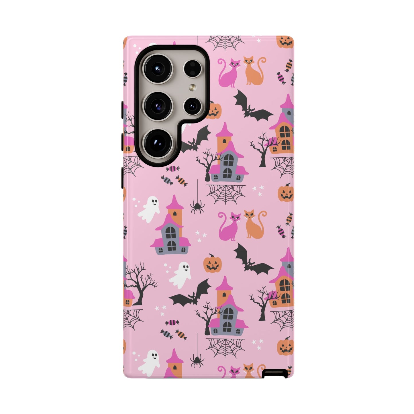 Pink Haunted House and Cats Halloween Phone Case – Tough Phone Case – Cute Spooky Design - iPhone 16 - Samsung Galaxy - Google Pixel