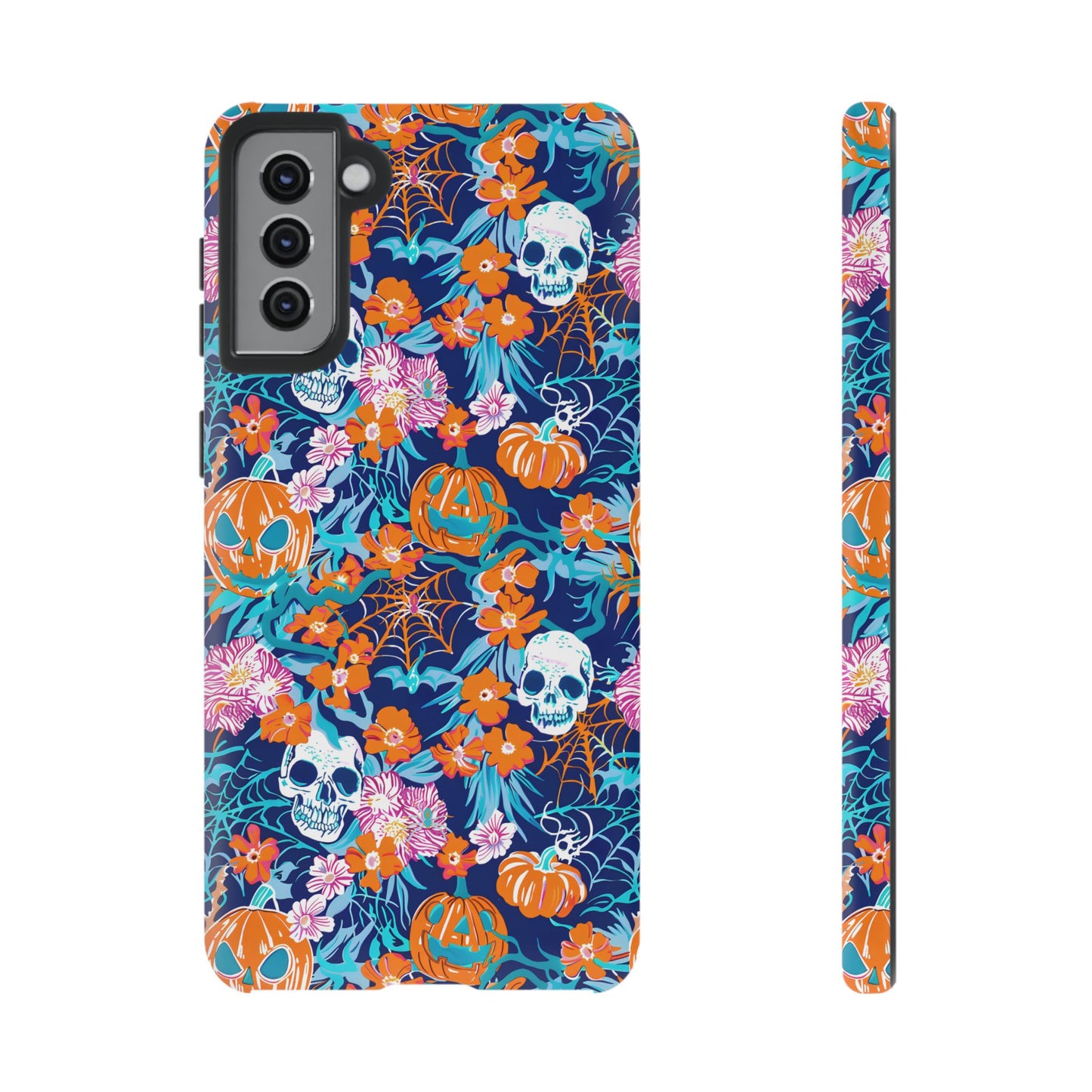 Floral Skulls and Pumpkins Halloween Phone Case – Tough Phone Case – Cute Spooky Design - iPhone 16 - Samsung Galaxy - Google Pixel