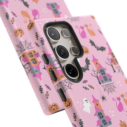 Pink Haunted House and Cats Halloween Phone Case – Tough Phone Case – Cute Spooky Design - iPhone 16 - Samsung Galaxy - Google Pixel