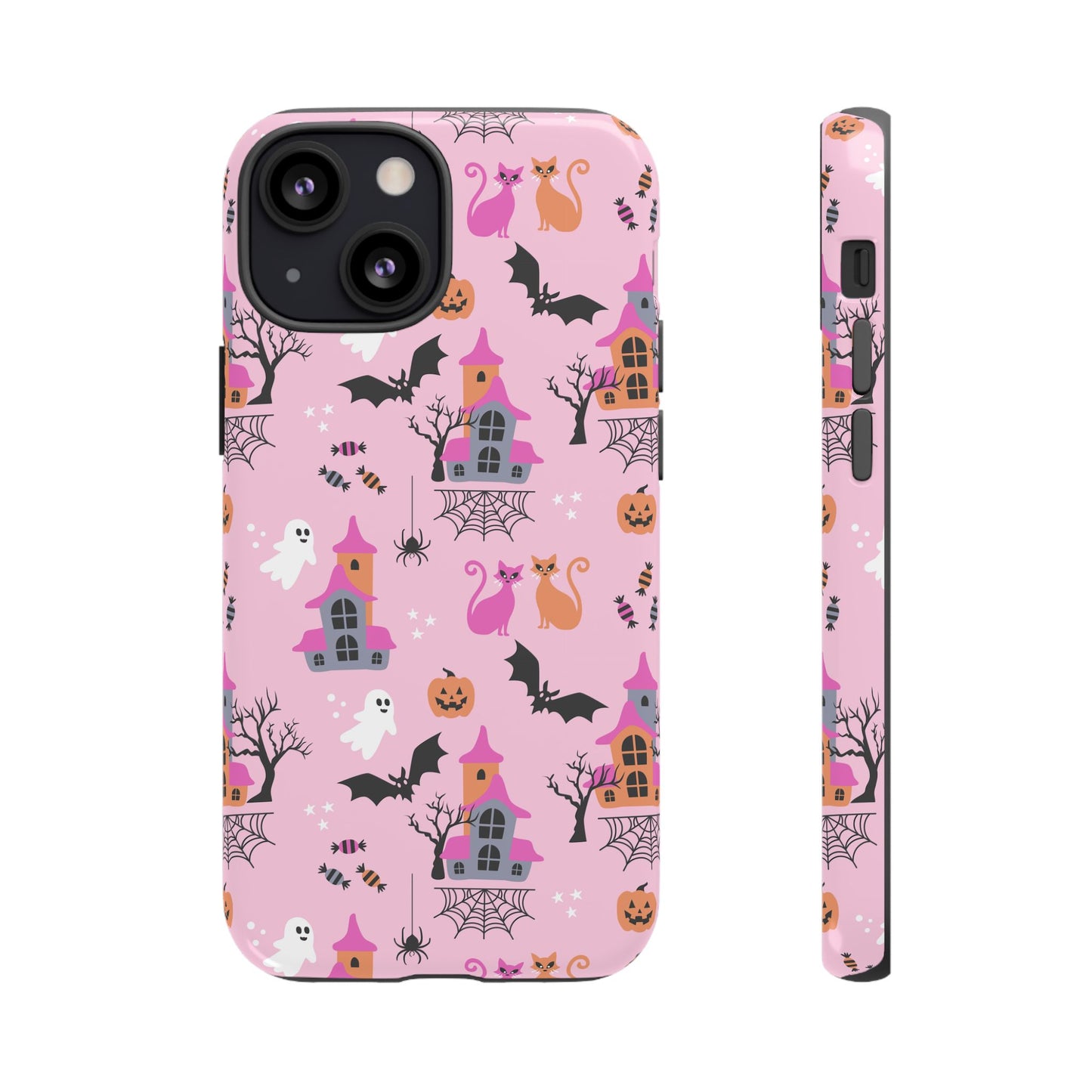 Pink Haunted House and Cats Halloween Phone Case – Tough Phone Case – Cute Spooky Design - iPhone 16 - Samsung Galaxy - Google Pixel