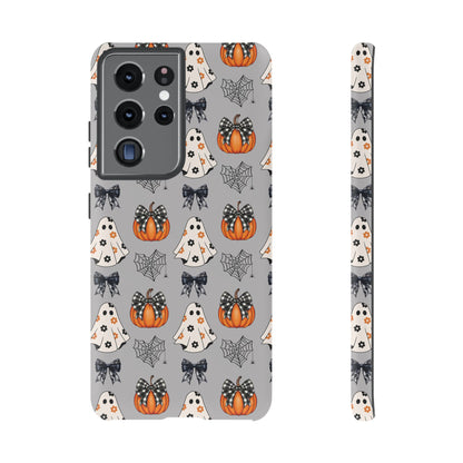 Halloween Ghosts and Pumpkins Gray Phone Case – Tough Phone Case – Cute Spooky Design - iPhone 16 - Samsung Galaxy - Google Pixel