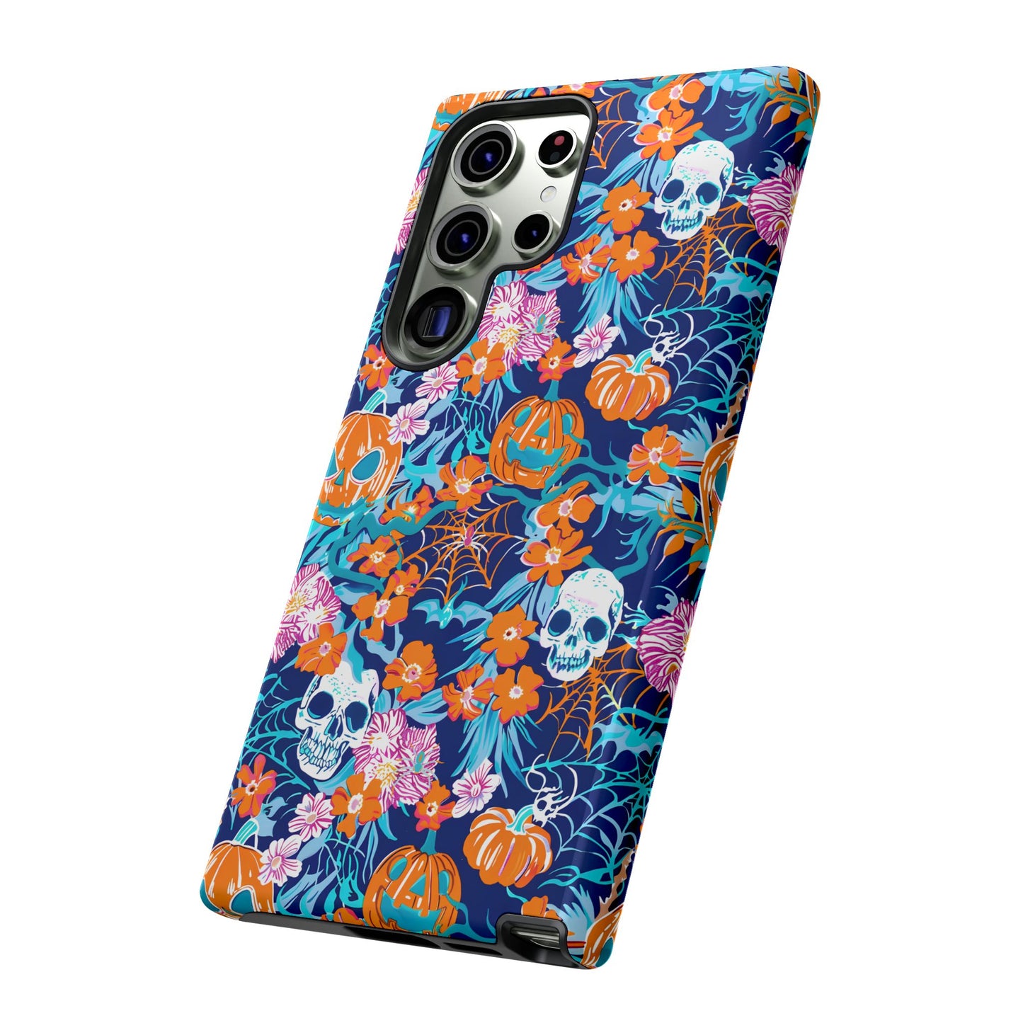 Floral Skulls and Pumpkins Halloween Phone Case – Tough Phone Case – Cute Spooky Design - iPhone 16 - Samsung Galaxy - Google Pixel