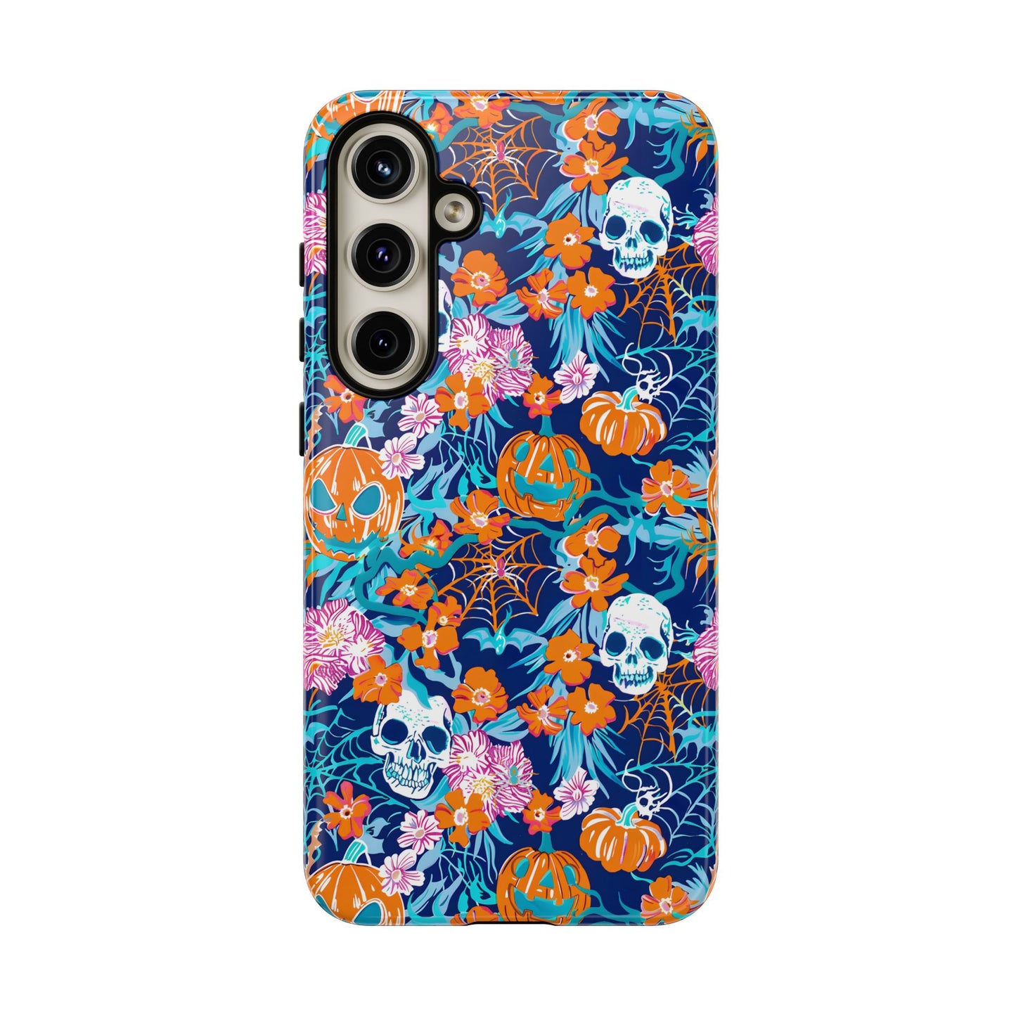 Floral Skulls and Pumpkins Halloween Phone Case – Tough Phone Case – Cute Spooky Design - iPhone 16 - Samsung Galaxy - Google Pixel