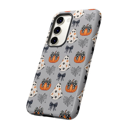 Halloween Ghosts and Pumpkins Gray Phone Case – Tough Phone Case – Cute Spooky Design - iPhone 16 - Samsung Galaxy - Google Pixel