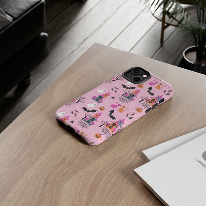 Pink Haunted House and Cats Halloween Phone Case – Tough Phone Case – Cute Spooky Design - iPhone 16 - Samsung Galaxy - Google Pixel