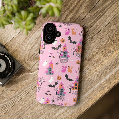 Pink Haunted House and Cats Halloween Phone Case – Tough Phone Case – Cute Spooky Design - iPhone 16 - Samsung Galaxy - Google Pixel