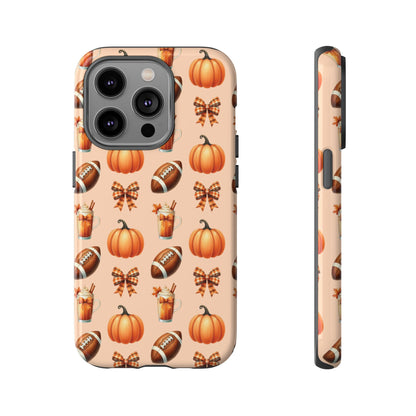 Pumpkins, Footballs, and Bows Fall Autumn Phone Case – Tough Phone Case – Cute Spooky Design - iPhone 16 - Samsung Galaxy - Google Pixel