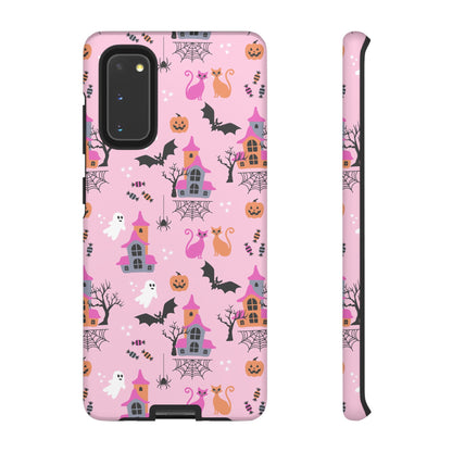 Pink Haunted House and Cats Halloween Phone Case – Tough Phone Case – Cute Spooky Design - iPhone 16 - Samsung Galaxy - Google Pixel