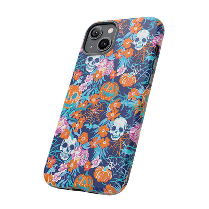 Floral Skulls and Pumpkins Halloween Phone Case – Tough Phone Case – Cute Spooky Design - iPhone 16 - Samsung Galaxy - Google Pixel