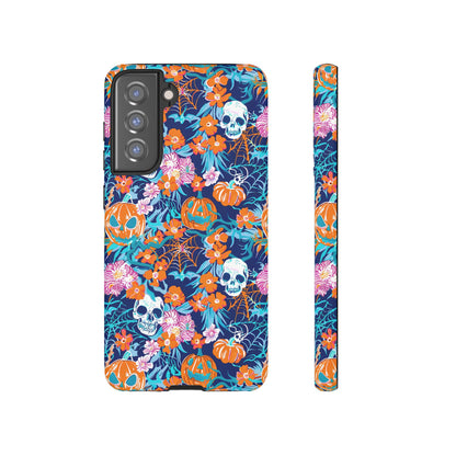 Floral Skulls and Pumpkins Halloween Phone Case – Tough Phone Case – Cute Spooky Design - iPhone 16 - Samsung Galaxy - Google Pixel