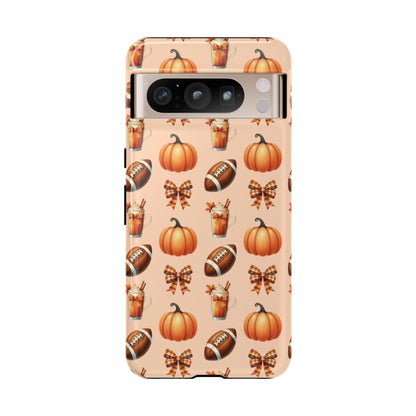 Pumpkins, Footballs, and Bows Fall Autumn Phone Case – Tough Phone Case – Cute Spooky Design - iPhone 16 - Samsung Galaxy - Google Pixel