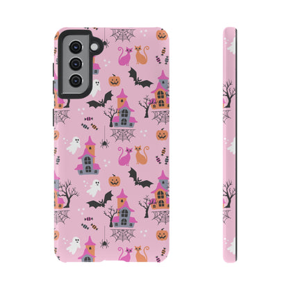 Pink Haunted House and Cats Halloween Phone Case – Tough Phone Case – Cute Spooky Design - iPhone 16 - Samsung Galaxy - Google Pixel