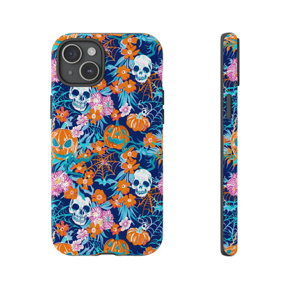 Floral Skulls and Pumpkins Halloween Phone Case – Tough Phone Case – Cute Spooky Design - iPhone 16 - Samsung Galaxy - Google Pixel