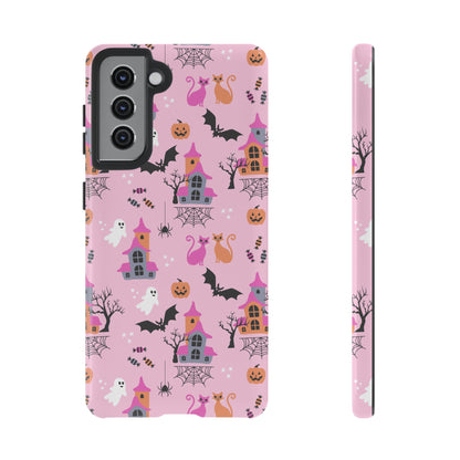 Pink Haunted House and Cats Halloween Phone Case – Tough Phone Case – Cute Spooky Design - iPhone 16 - Samsung Galaxy - Google Pixel