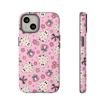 Pink Ghosts and Flowers Halloween Phone Case – Tough Phone Case – Cute Spooky Design - iPhone 16 - Samsung Galaxy - Google Pixel