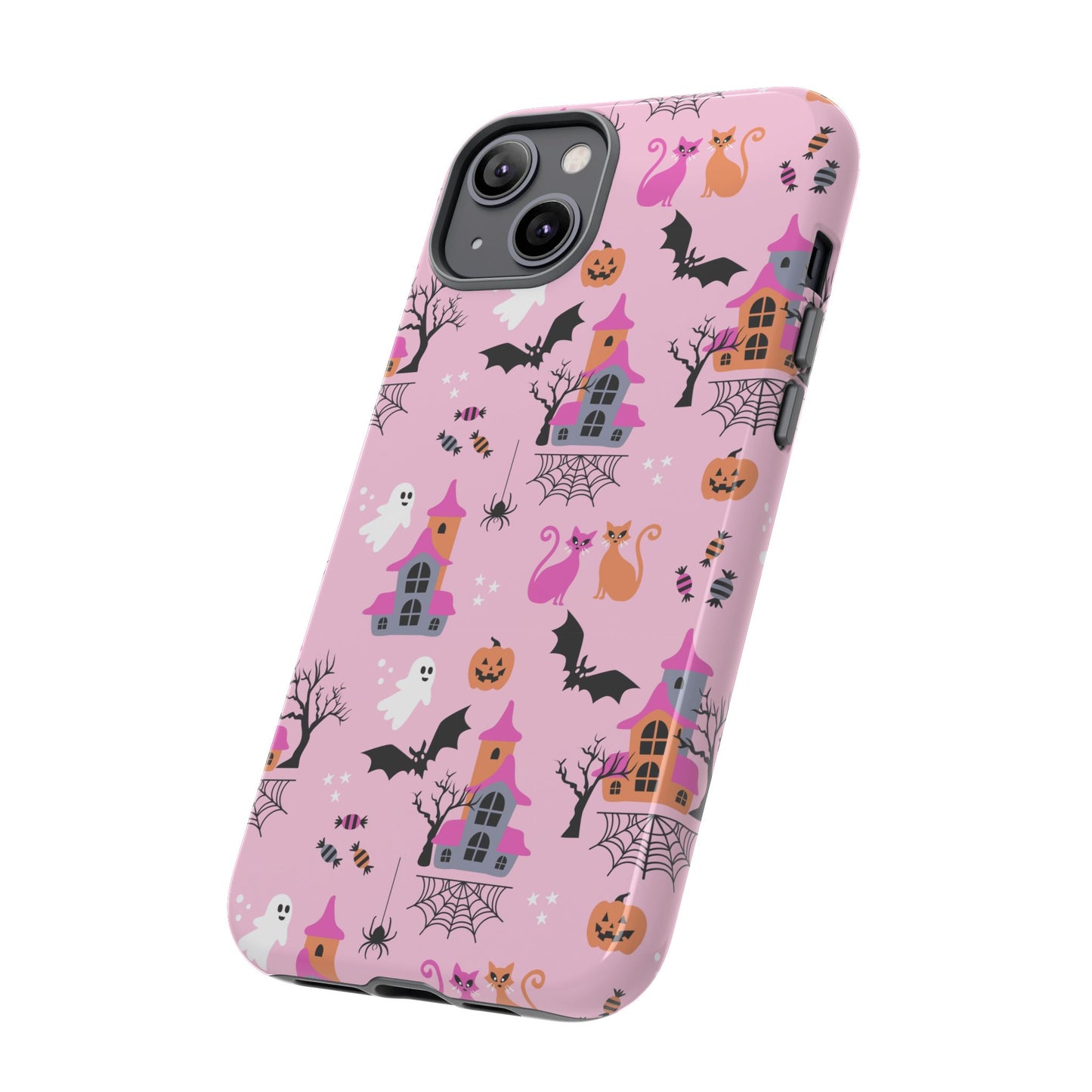 Pink Haunted House and Cats Halloween Phone Case – Tough Phone Case – Cute Spooky Design - iPhone 16 - Samsung Galaxy - Google Pixel