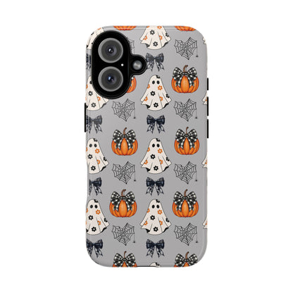 Halloween Ghosts and Pumpkins Gray Phone Case – Tough Phone Case – Cute Spooky Design - iPhone 16 - Samsung Galaxy - Google Pixel