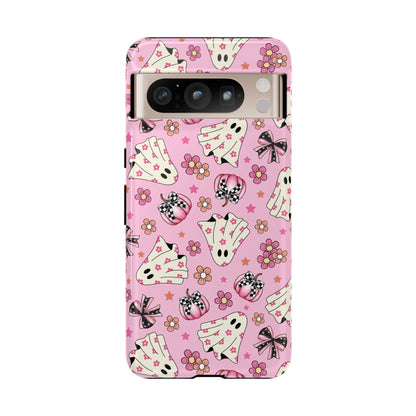 Pink Ghosts and Flowers Halloween Phone Case – Tough Phone Case – Cute Spooky Design - iPhone 16 - Samsung Galaxy - Google Pixel