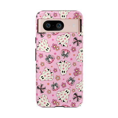 Pink Ghosts and Flowers Halloween Phone Case – Tough Phone Case – Cute Spooky Design - iPhone 16 - Samsung Galaxy - Google Pixel