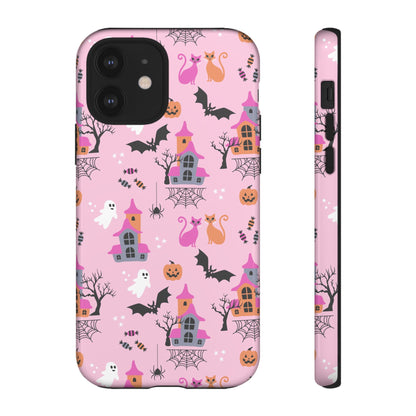 Pink Haunted House and Cats Halloween Phone Case – Tough Phone Case – Cute Spooky Design - iPhone 16 - Samsung Galaxy - Google Pixel