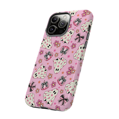 Pink Ghosts and Flowers Halloween Phone Case – Tough Phone Case – Cute Spooky Design - iPhone 16 - Samsung Galaxy - Google Pixel