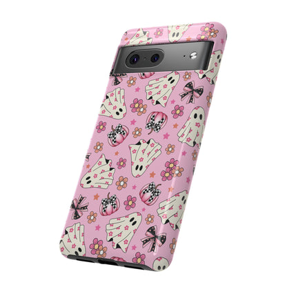 Pink Ghosts and Flowers Halloween Phone Case – Tough Phone Case – Cute Spooky Design - iPhone 16 - Samsung Galaxy - Google Pixel