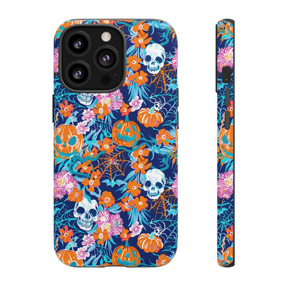 Floral Skulls and Pumpkins Halloween Phone Case – Tough Phone Case – Cute Spooky Design - iPhone 16 - Samsung Galaxy - Google Pixel