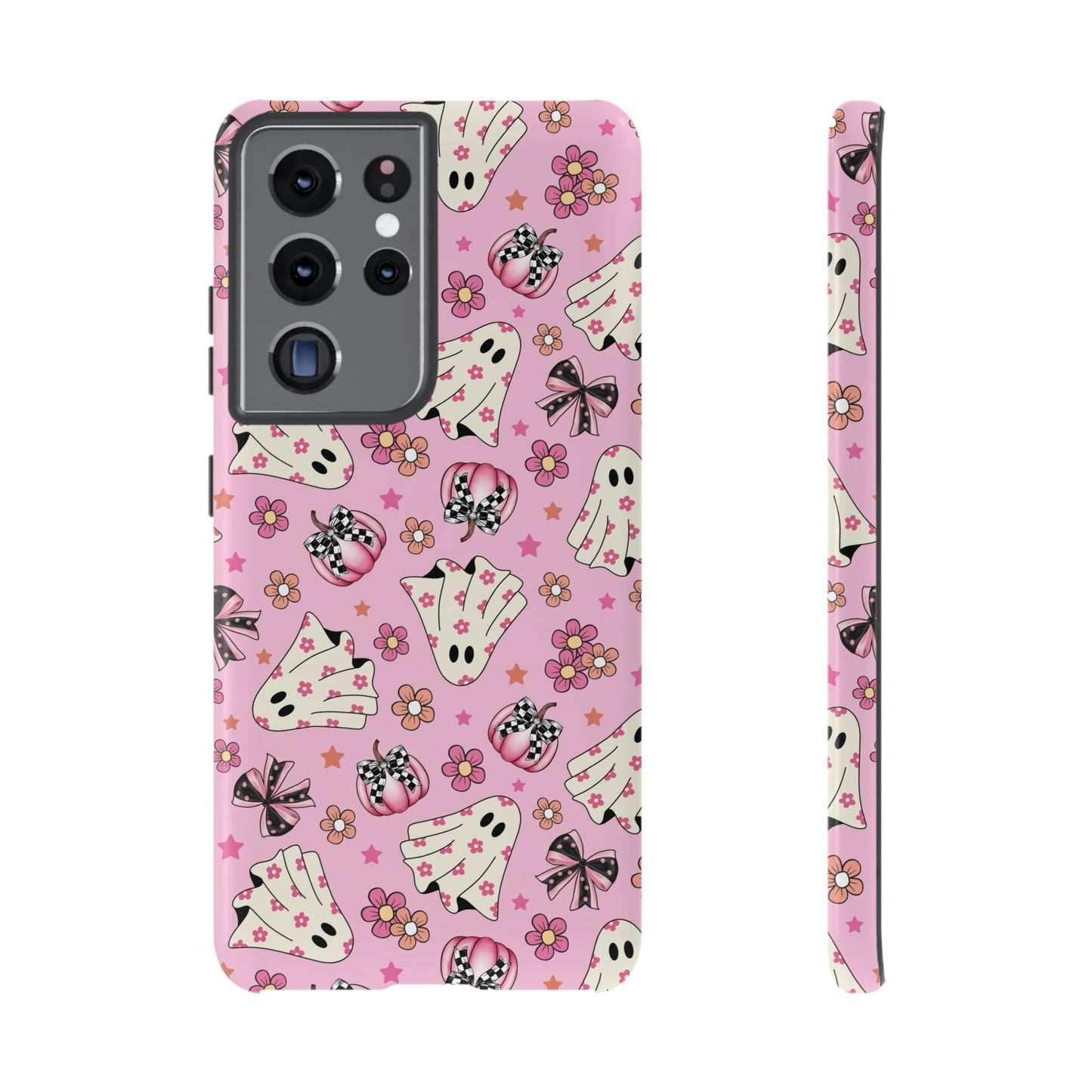 Pink Ghosts and Flowers Halloween Phone Case – Tough Phone Case – Cute Spooky Design - iPhone 16 - Samsung Galaxy - Google Pixel