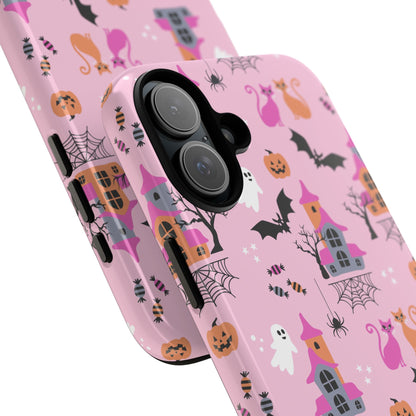 Pink Haunted House and Cats Halloween Phone Case – Tough Phone Case – Cute Spooky Design - iPhone 16 - Samsung Galaxy - Google Pixel